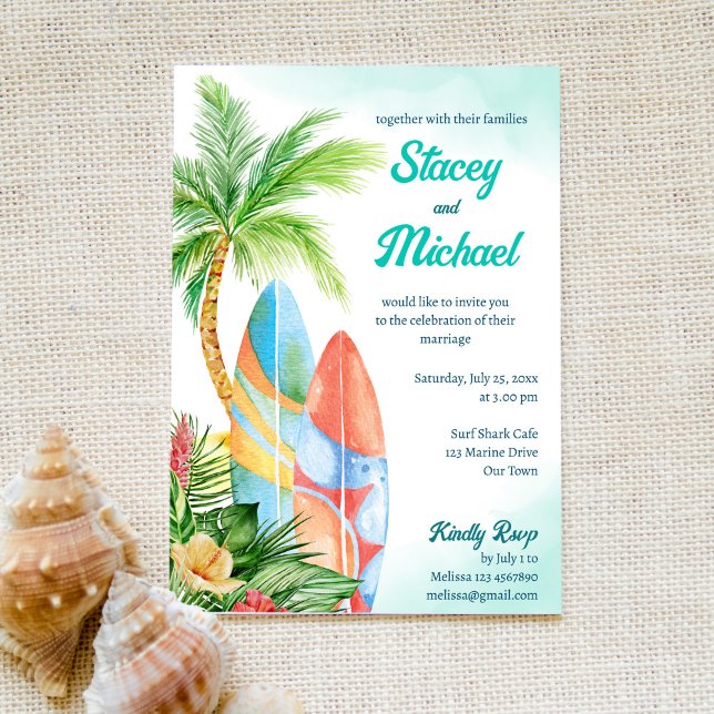 Invitation Plage de surf mariage de bord de mer tropical (Créateur téléchargé)