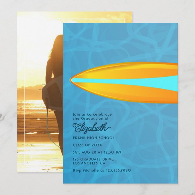 Invitation Plage de surfer turquoise et jaune Bash (Devant / Derrière)