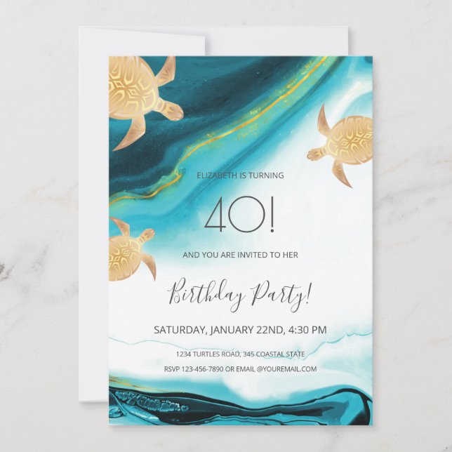 Invitation Plage de Tortues d'or Thème | Anniversaire (Devant)