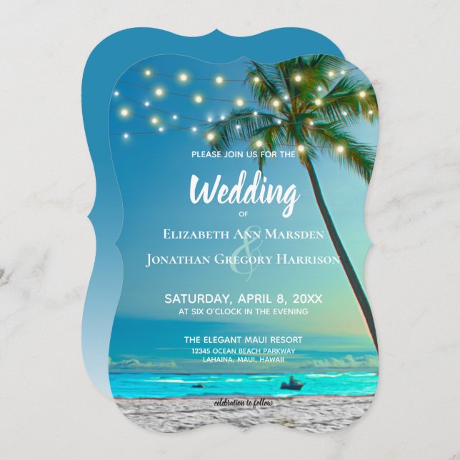 Invitation Plage Destination Mariage String Lumières Palms (Devant / Derrière)