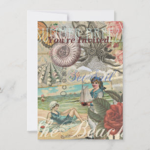 Invitation plage d'été poulpe vintage antique voile