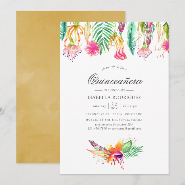 Invitation Plage d'été tropicale florale Quinceañera (Devant / Derrière)