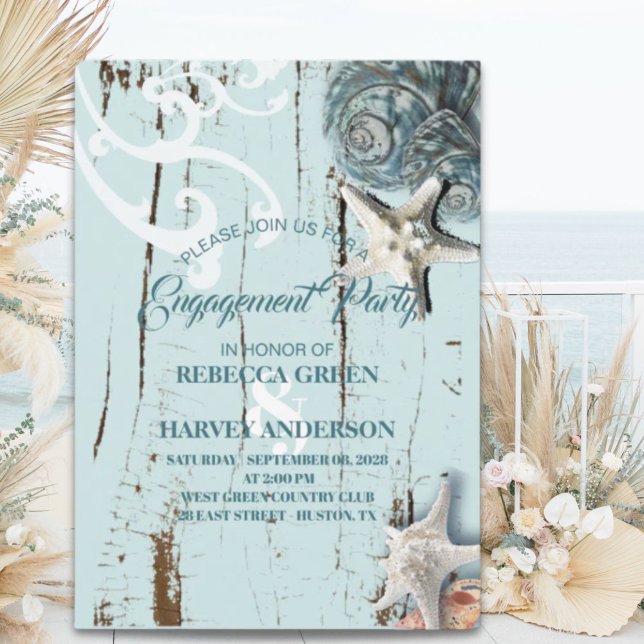 Invitation plage d'étoiles de mer bleu marine (aqua blue seashell starfish beach Engagement party Invitation)