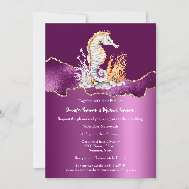 Invitation Plage d'hippocampe blanc violet parties scintillan (Devant)