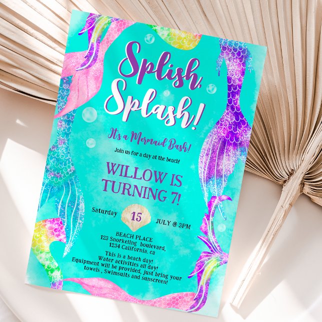 Invitation Plage fête sirène queues océan Anniversaire de enf (Beach party mermaid tails ocean Kids birthday Invitation)