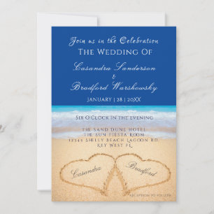 Invitation Plage Mariage 2 Coeurs Mariage de sable foncé bleu