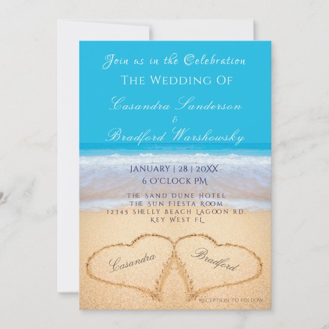 Invitation Plage Mariage 2 Coeurs Mariage de sable Ocean Blue (Devant)