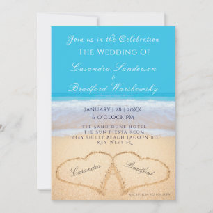Invitation Plage Mariage 2 Coeurs Sable Mariage Océan Bleu