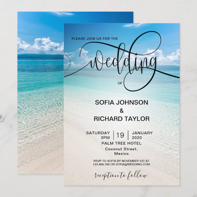 Invitation plage mariage destination tropical été mer (Devant / Derrière)