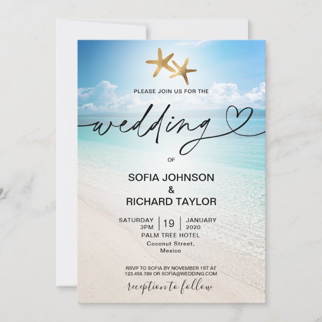 Invitation plage mariage destination tropical étoile mer (Devant)