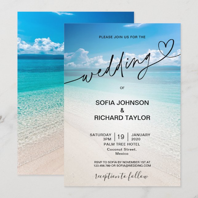 Invitation plage mariage destination tropicale été mer invi (Devant / Derrière)