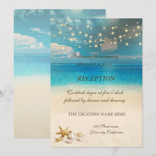 Invitation Plage Mariage Lumières Coquillages Réception (Devant / Derrière)