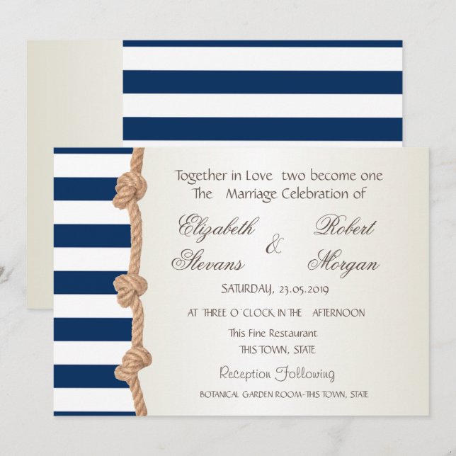 Invitation Plage Mariage Marine Rope, Coeurs, Stripes Invitat (Devant / Derrière)