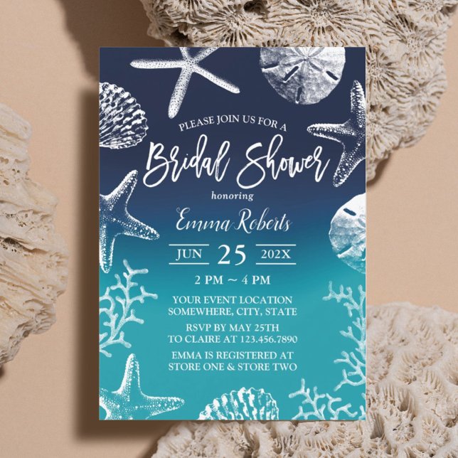 Invitation Plage Mariage Ocean Blue Seashells Fête des mariée (Créateur téléchargé)