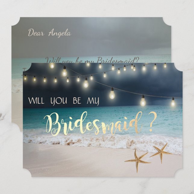 Invitation Plage Mariage Seastars Lights Bridesmaid Card (Devant / Derrière)
