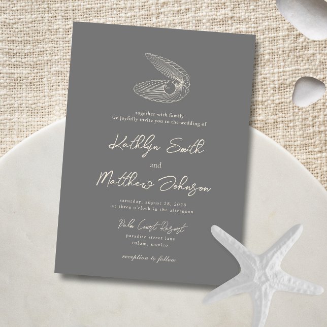 Invitation Plage moderne gris foncé Shell Destination Mariage (Créateur téléchargé)