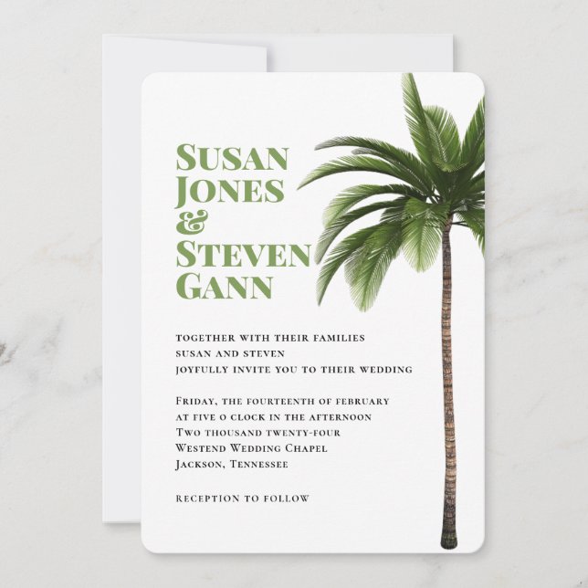 Invitation Plage moderne Palm Bold Typographie Simple Mariage (Devant)