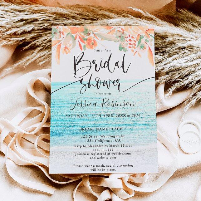 Invitation Plage photo aquarelle fleurie boho nuptiale (Créateur téléchargé)