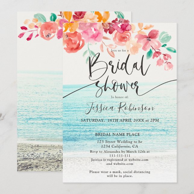 Invitation Plage photo aquarelle florale chute nuptiale douch (Devant / Derrière)