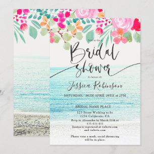 Invitation Plage photo rose floral aquarelle nuptiale