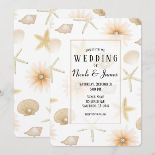 Invitation Plage Poche Coquillages & Fleurs Mariage moderne