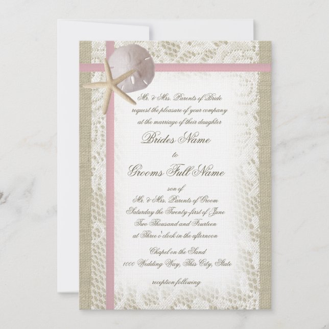 Invitation Plage romantique et Mariage rose dentelle (Devant)