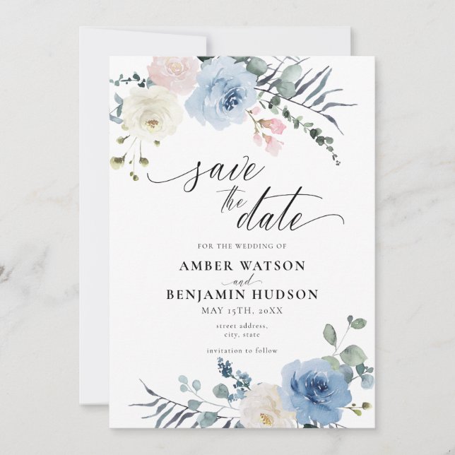 Invitation Plage Rose Bleu Clair Floral Économisez La Date (Devant)