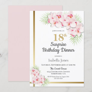 Invitation Plage rose et or Surprise 18e anniversaire Dîner