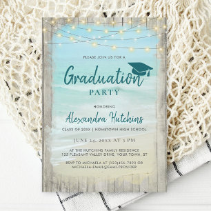 Invitation Plage Rustique Bois Chaîne Lumières Graduation Par