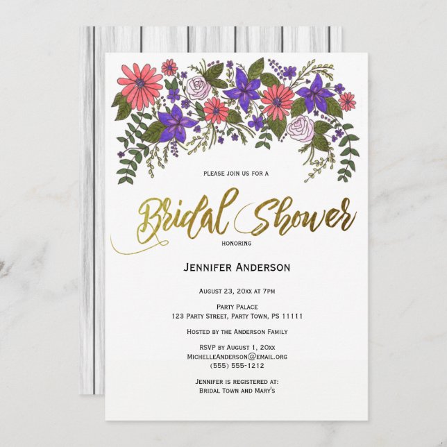 Invitation Plage rustique Bois Fête des mariées Florale (Devant / Derrière)