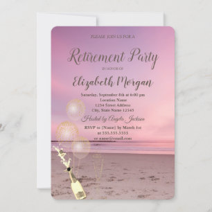 Invitation Plage Sable Coucher de soleil Ballons,Vin Retraite