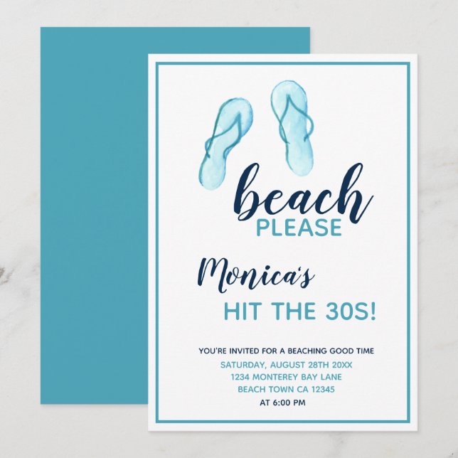 Invitation Plage S'il vous plaît Turquoise Flip Flops 30e ann (Devant / Derrière)