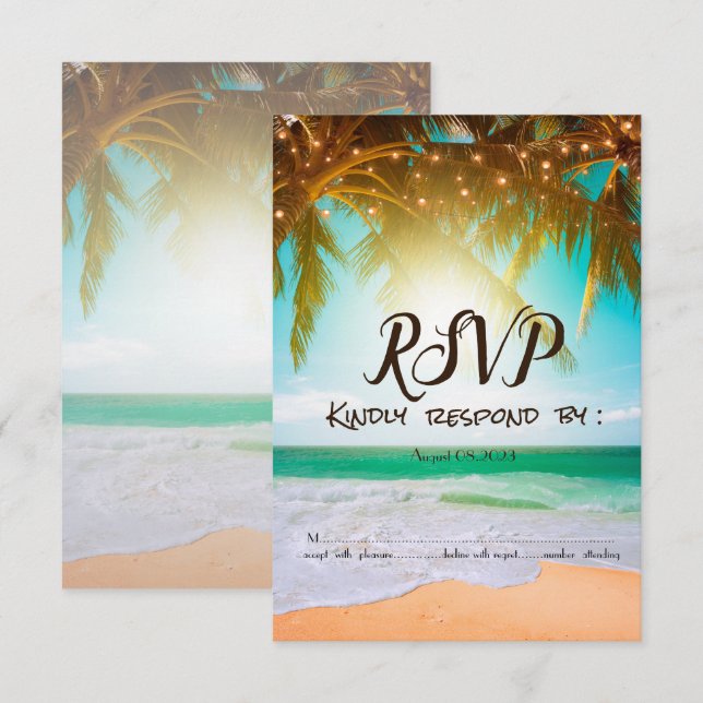 Invitation Plage,Soleil,Palme,Lumières de Chaîne RSVP   (Devant / Derrière)