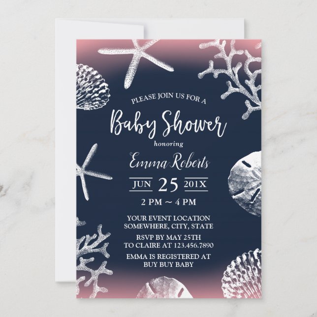 Invitation Plage Starfish Coral Reef Marine Baby shower rose (Devant)