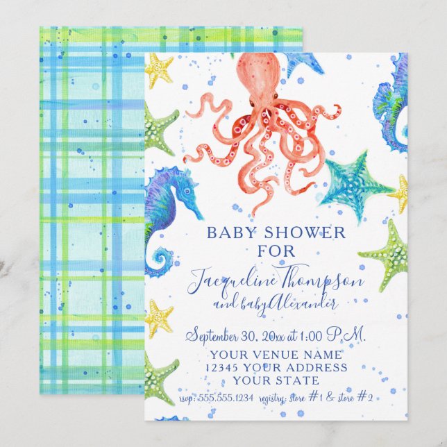 Invitation Plage Starfish Octopus Seahorse Boy Baby shower (Devant / Derrière)