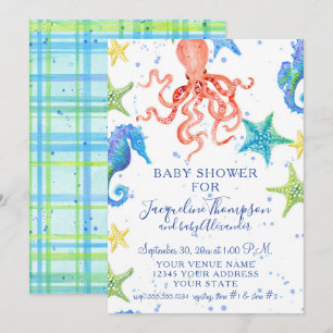 Invitation Plage Starfish Octopus Seahorse Boy Baby shower