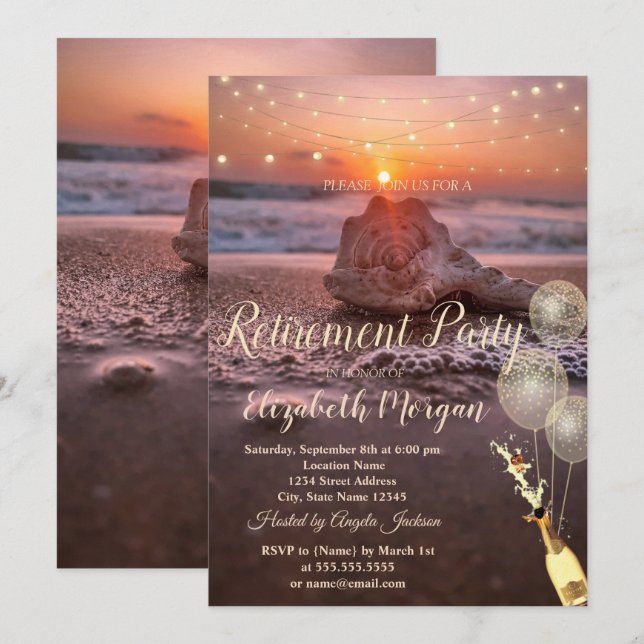 Invitation Plage Sunet Seashell Balloons, Retrait de vin (Devant / Derrière)