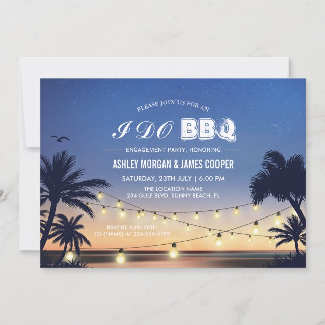 Invitation Plage Sunset String Lights I DO BBQ Fiançailles (Devant)