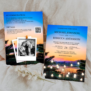 Invitation Plage Sunset String Lights Photo QR Code Mariage