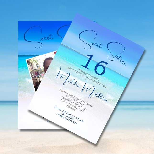 Invitation Plage Sweet sixteen Bleu Photo Anniversaire (Créateur téléchargé)