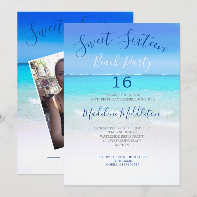 Invitation Plage Sweet sixteen bleu photo Anniversaire (Devant / Derrière)