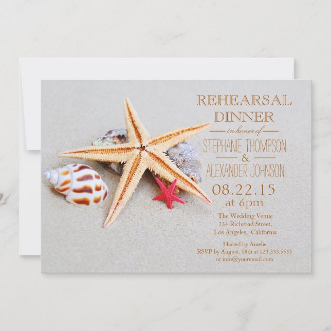 Invitation Plage Thème Starfish Seashell Dîner de répétition (Devant)