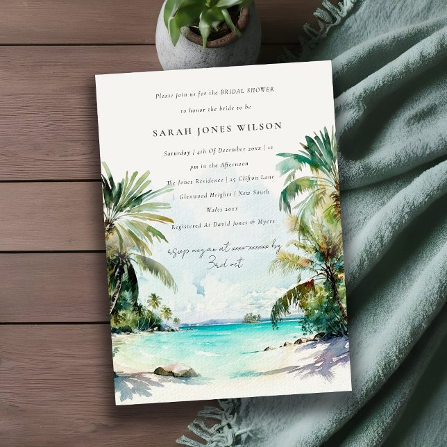 Invitation Plage tropicale aquarelle Palm Trees Fête des mari (Créateur téléchargé)