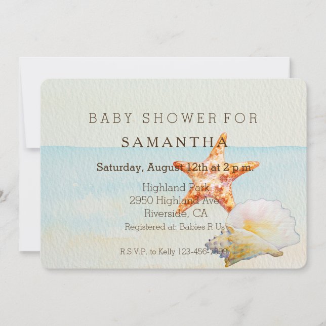 Invitation Plage tropicale avec baby shower Starfish et Conch (Devant)