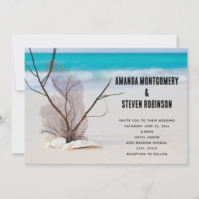 Invitation Plage tropicale avec Mariage de coquillages blancs (Devant)