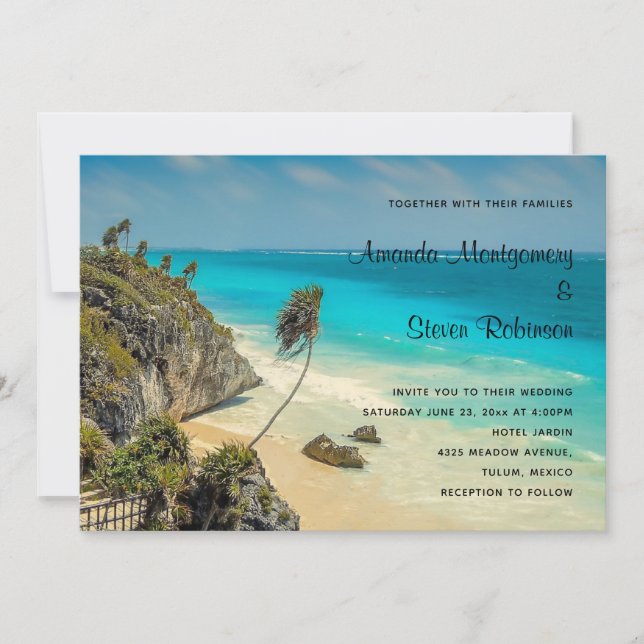 Invitation Plage tropicale avec Mariage de palmiers balayés p (Devant)
