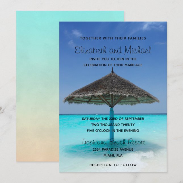 Invitation Plage tropicale avec Mariage parapluie en chaume (Devant / Derrière)