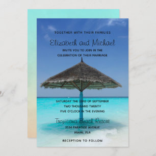 Invitation Plage tropicale avec Mariage parapluie en chaume