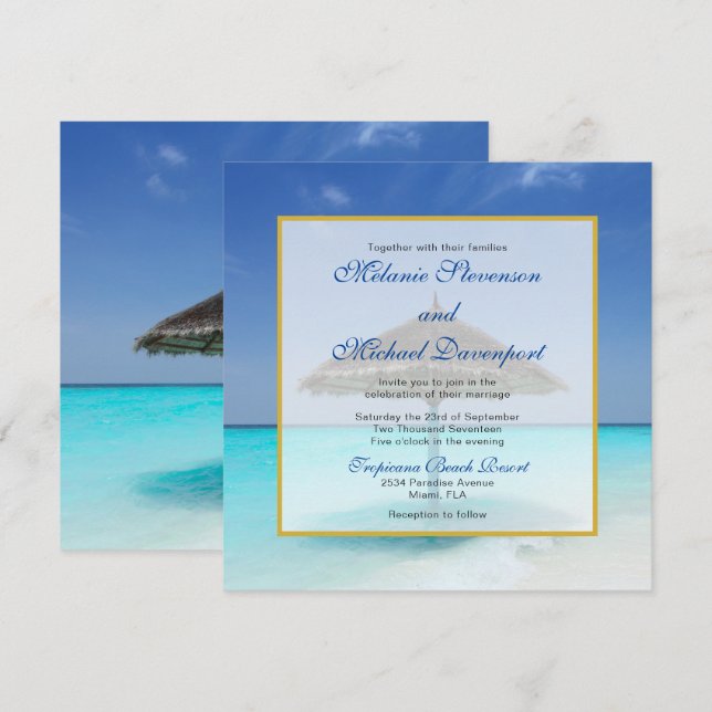 Invitation Plage tropicale avec Mariage parapluie en chaume (Devant / Derrière)
