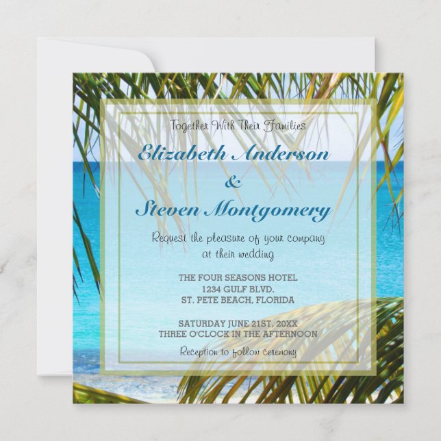 Invitation Plage tropicale avec Palm Fronds Site Mariage (Devant)